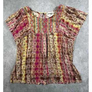 Savanna Jane Womens 1X Rayon Blouse Brown Geometric Embroidered Boho Peasant